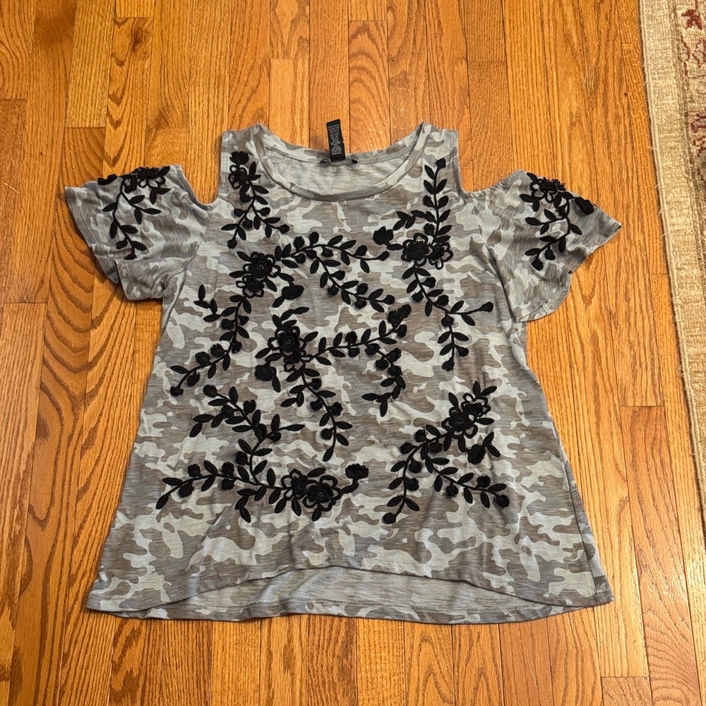 INC International Concepts Camouflage Cold Shoulder Top